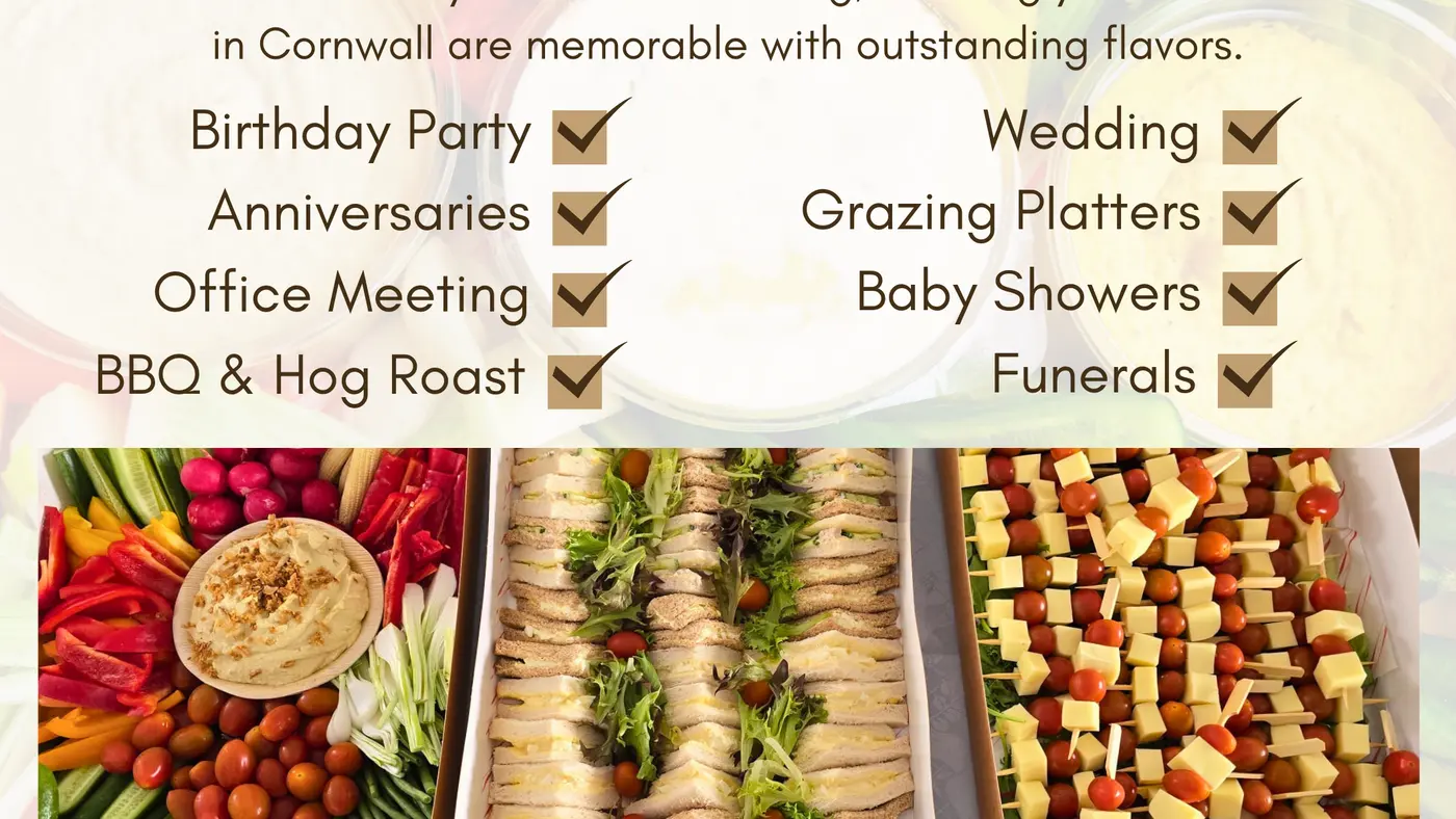 A selection of catering platters including crudités, sandwiches, and salads.