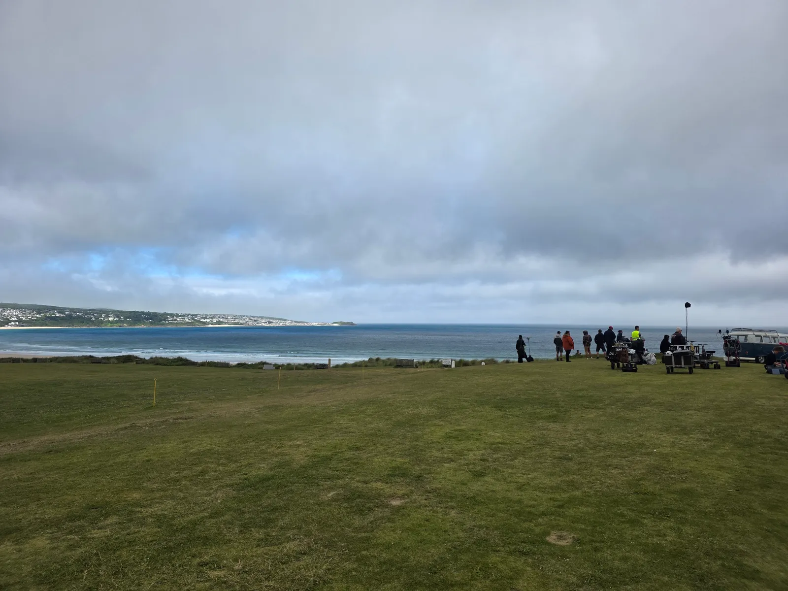 Film crew shooting on a clifftop above St Ives Bay, Cornwall, catered on location by Salt Wind Catering