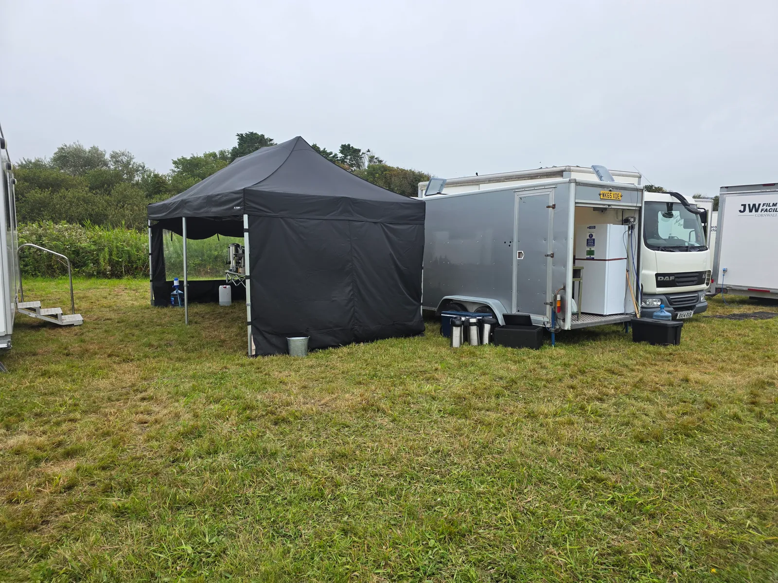 Salt Wind Catering's self-contained mobile kitchen and gazebo set up on location for a Cornwall film shoot